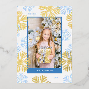 Tarjeta Festiva Con Relieve Metalizado Navidades Luz de diseño de marco Blue Snowflake