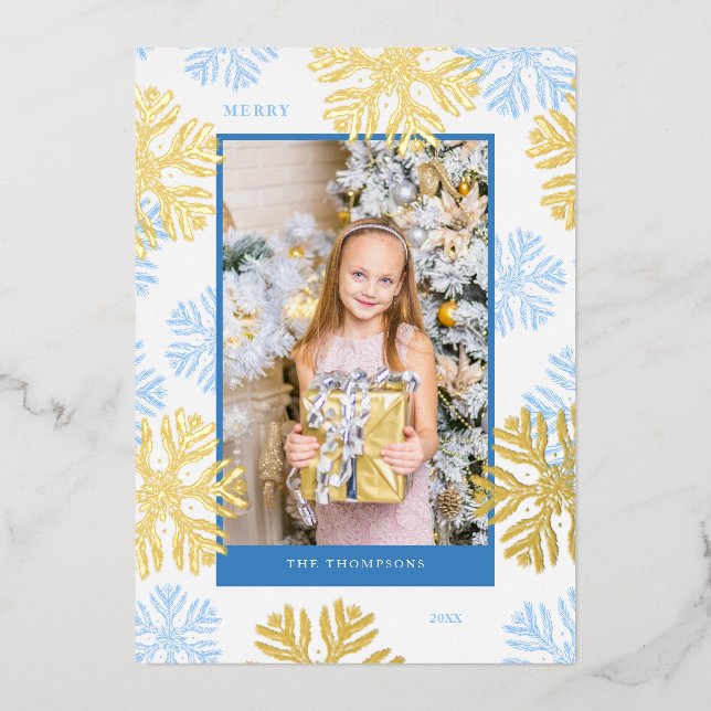 Tarjeta Festiva Con Relieve Metalizado Navidades Luz de diseño de marco Blue Snowflake (Anverso)