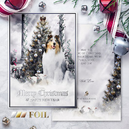 Tarjeta Festiva Con Relieve Metalizado Navidades Magic, Blue Merle Rough Collie & Lambs -