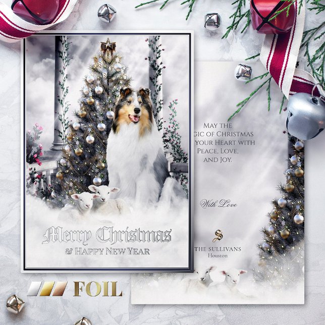 Tarjeta Festiva Con Relieve Metalizado Navidades Magic, Blue Merle Rough Collie & Lambs - (Subido por el creador)