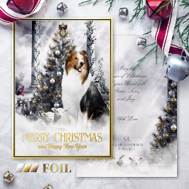 Tarjeta Festiva Con Relieve Metalizado Navidades Magic, Saddleback Rough Collie & Lambs -