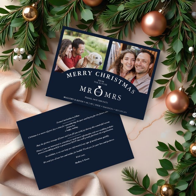Tarjeta Festiva Con Relieve Metalizado Navidades Moda  Lujo Moda Plata 2 Fotos (Christmas Navy Chic Luxury Chic Silver Effect 2 Photos Wedding Metallic Foil Save the Date Cards. )