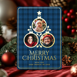 Tarjeta Festiva Con Relieve Metalizado Navidades moderno Tartan Plaids Familia Blue Photo