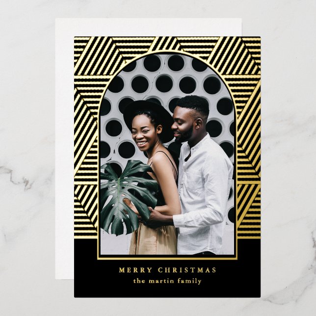 Tarjeta Festiva Con Relieve Metalizado Navidades modernos de fotografía de patrón geométr (Anverso/Reverso)