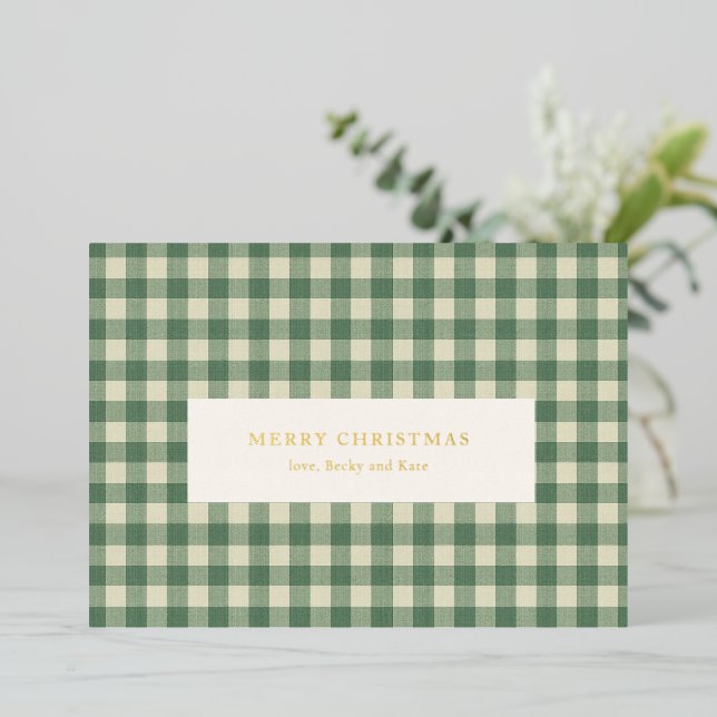 Tarjeta Festiva Con Relieve Metalizado Navidades modernos de Gingham verde Rústico (Anverso de pie)
