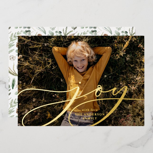 Tarjeta Festiva Con Relieve Metalizado Navidades modernos de guión de alegría botánica mí (Anverso/Reverso)