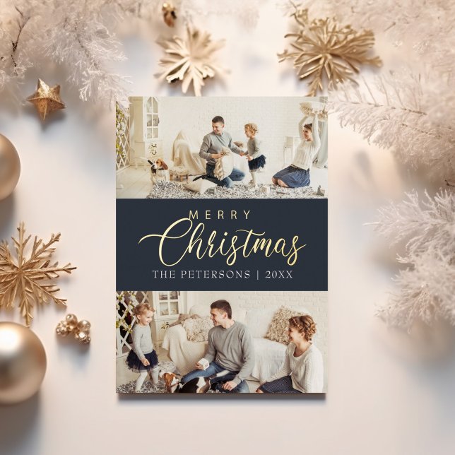 Tarjeta Festiva Con Relieve Metalizado Navidades modernos del Collage de fotos Azul de Me (Modern Midnight Blue Photo Collage Christmas Foil Holiday Card on a table with golden decor.)