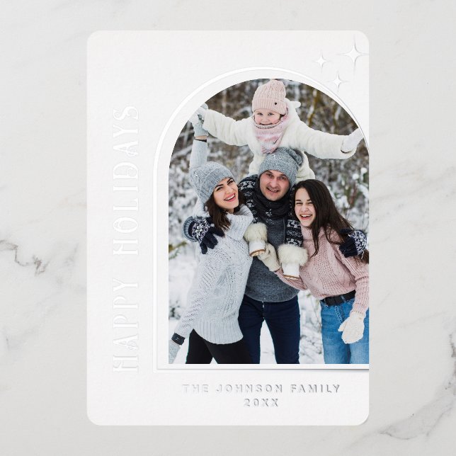 Tarjeta Festiva Con Relieve Metalizado Navidades modernos espumosos FOTO Saludo Plata (Anverso)