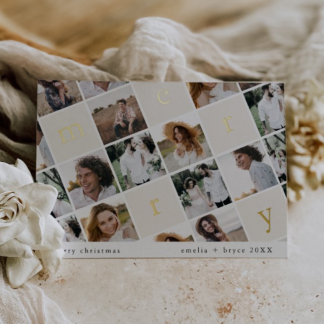 Tarjeta Festiva Con Relieve Metalizado NAVIDADES multifotográficos de la familia Relieve  (EMELIA Gold Foil Family Multi Photo Christmas Foil Holiday Card)