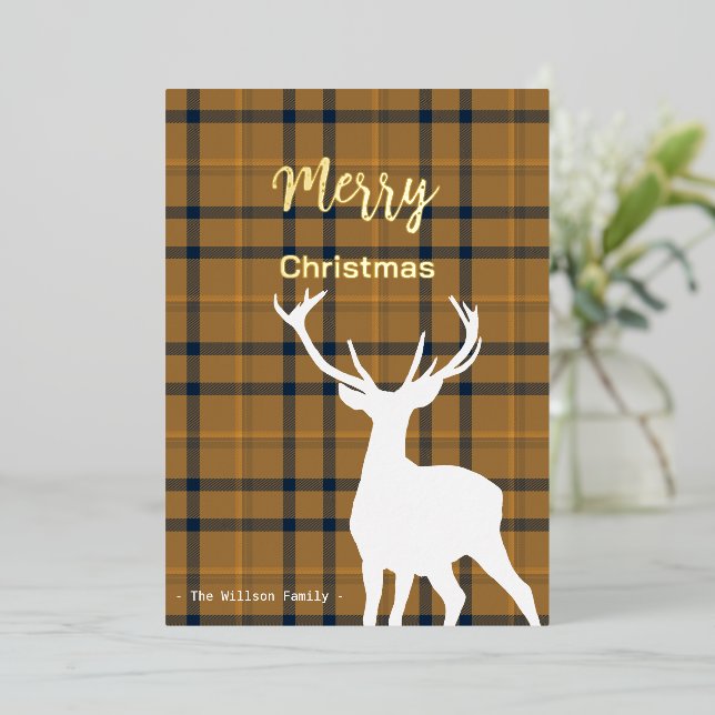 Tarjeta Festiva Con Relieve Metalizado Navidades Naranja Tartán Y Venado (Anverso de pie)