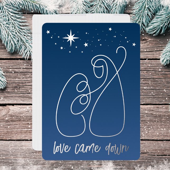 Tarjeta Festiva Con Relieve Metalizado Navidades Natividad Línea Mínima Moderna Arte Azul (Holy Family line art under a starry night.)