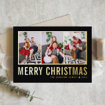 Tarjeta Festiva Con Relieve Metalizado Navidades negros del Collage de fotos de tipografí<br><div class="desc">Feliz Navidad! Envíe sus cálidos deseos esta temporada con esta tarjeta de collage de fotos de los Navidades de personalizable. Presenta una tipografía simple. Personalice agregando tres fotos, nombres, año y otros detalles. Esta moderna tarjeta de Navidades de Relieve metalizado dorado está disponible en otros colores y material de cartón....</div>
