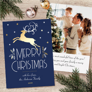 Tarjeta Festiva Con Relieve Metalizado Navidades Personalizado de renos Foto Medianoche A
