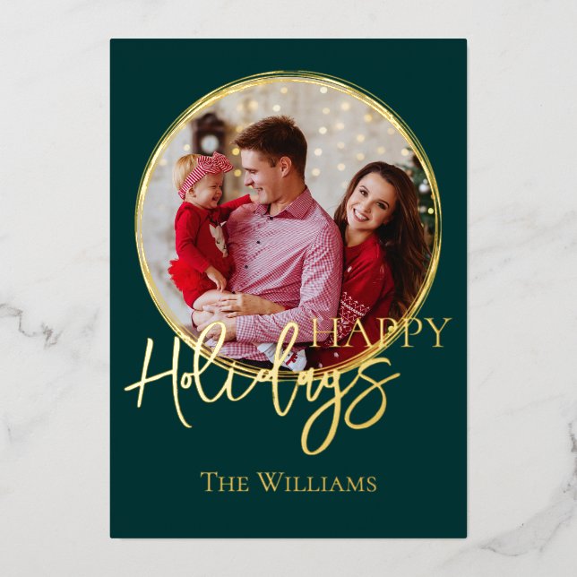 Tarjeta Festiva Con Relieve Metalizado Navidades personalizados Photo Gold Script (Anverso)