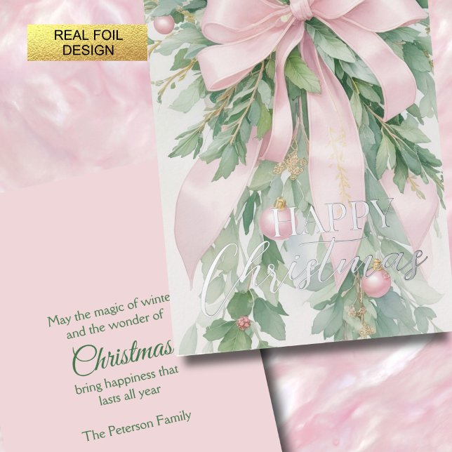 Tarjeta Festiva Con Relieve Metalizado Navidades Pink Satin Ribbon Holly Greenery (Subido por el creador)