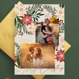 Tarjeta Festiva Con Relieve Metalizado Navidades Poinsettia Collage de fotos Rosa Gold