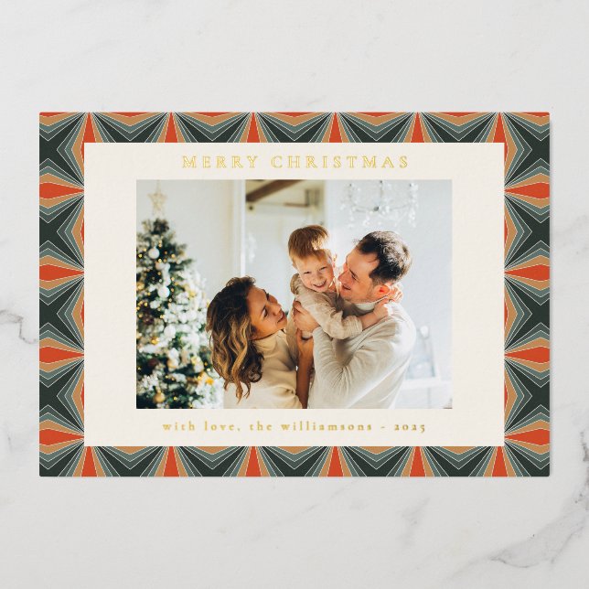 Tarjeta Festiva Con Relieve Metalizado Navidades Red Green Mid Century Retro Photo Gold (Anverso)