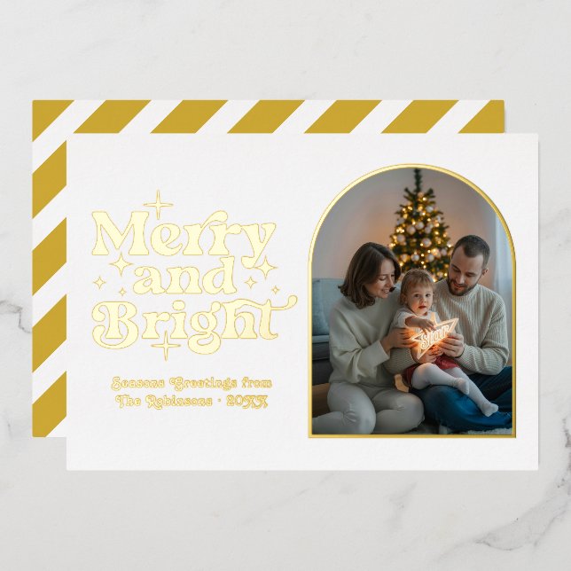 Tarjeta Festiva Con Relieve Metalizado Navidades retro modernos blancos y dorados foto (Anverso/Reverso)