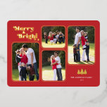 Tarjeta Festiva Con Relieve Metalizado Navidades rojos de foto del Relieve metalizado dor<br><div class="desc">Esta tarjeta de Navidades retro muestra el texto "Merry & Bright" apareciendo en un divertido Relieve metalizado de oro real sobre un fondo rojo. El diseño ofrece 4 marcos de fotos para tus fotos favoritas. Fotografía © Storytree Studios,  Stanford,  CA</div>