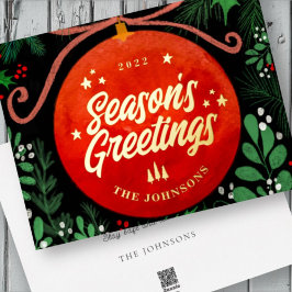 Tarjeta Festiva Con Relieve Metalizado Navidades Rojos Modernos Ball Ornamento Botánico