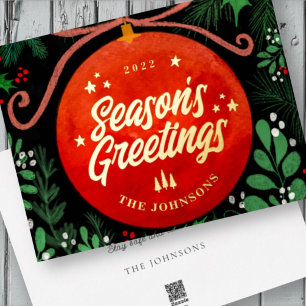 Tarjeta Festiva Con Relieve Metalizado Navidades Rojos Modernos Ball Ornamento Botánico