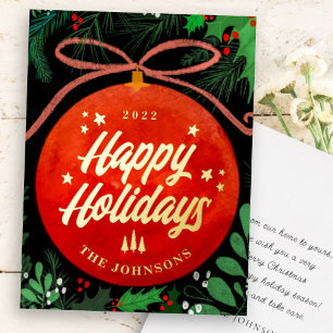Tarjeta Festiva Con Relieve Metalizado Navidades Rojos Modernos Ball Ornamento Botánico