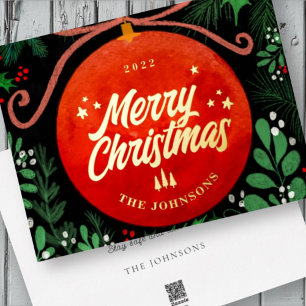 Tarjeta Festiva Con Relieve Metalizado Navidades Rojos Modernos Ball Ornamento Botánico