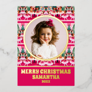 Tarjeta Festiva Con Relieve Metalizado Navidades rosados, desnucracker Ballerina Kids Pho