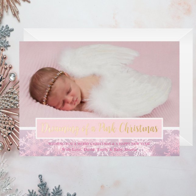 Tarjeta Festiva Con Relieve Metalizado Navidades rosados Foto Snowflake Primera Navidad (Dreaming of a Pink Christmas Holiday Foil Christmas Card, Birth Announcement Baby Girl Photo, Family)