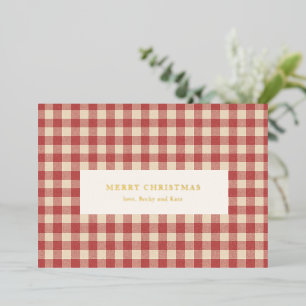 Tarjeta Festiva Con Relieve Metalizado Navidades rusos rojos de Gingham modernos