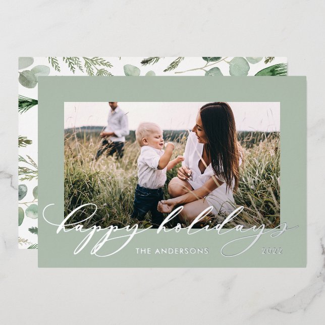 Tarjeta Festiva Con Relieve Metalizado Navidades sage green 1 foto guión botánico (Anverso/Reverso)