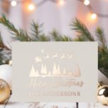 Tarjeta Festiva Con Relieve Metalizado Navidades santa crema elegante foto tradicional<br><div class="desc">Navidades tradicionales santa y reno trineo simple diseño crema tradicional y diseño de Relieve metalizado real con foto al revés</div>
