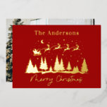 Tarjeta Festiva Con Relieve Metalizado Navidades santa y foto de trineo de renos<br><div class="desc">Navidades diseño tradicional de manga de santa y reno con foto al revés</div>