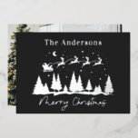 Tarjeta Festiva Con Relieve Metalizado Navidades santa y foto negra de trineos renos<br><div class="desc">Navidades santa tradicional y reno trineo moderno diseño negro y diseño de Relieve metalizado real con foto al revés</div>