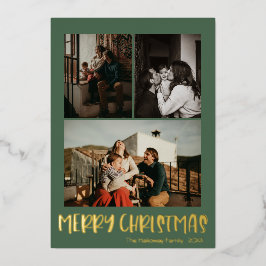 Tarjeta Festiva Con Relieve Metalizado Navidades simples foto vertical verde 3 | Oro