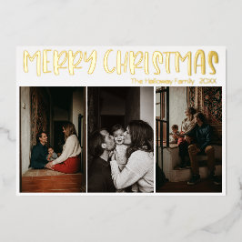 Tarjeta Festiva Con Relieve Metalizado Navidades simples tres fotos | Oro