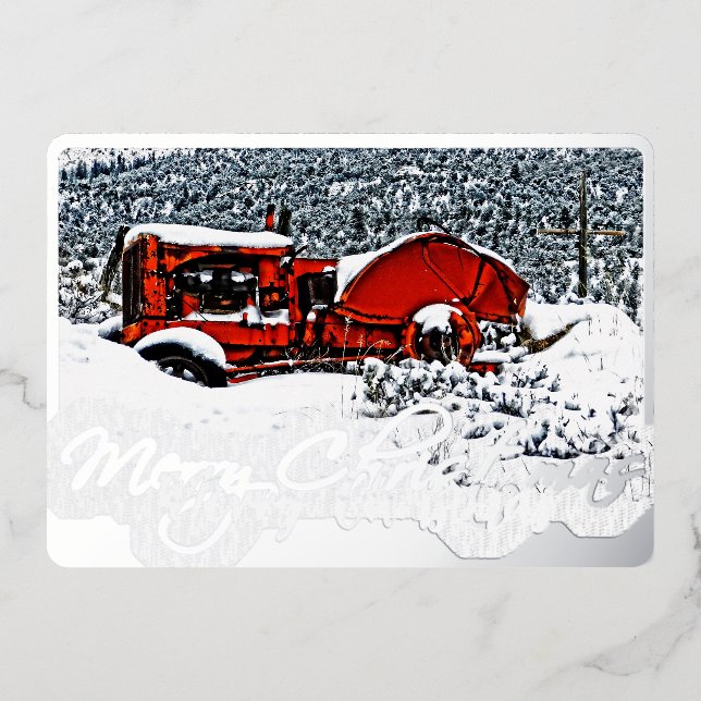 Tarjeta Festiva Con Relieve Metalizado Navidades Snowy Tractor (Anverso)