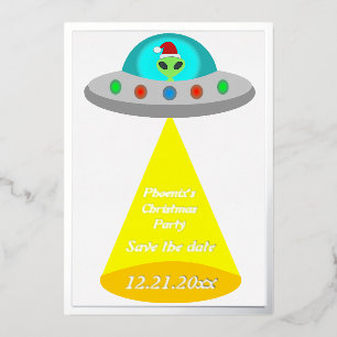 Tarjeta Festiva Con Relieve Metalizado Navidades UFO Ho Ho Alien Flying Saucer Personaliz