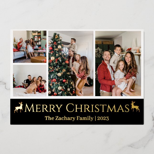 Tarjeta Festiva Con Relieve Metalizado Navidades vacaciones Script Collage de fotos de fa (Anverso)