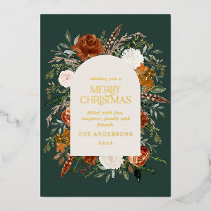 Tarjeta Festiva Con Relieve Metalizado Navidades verde no foto elegante estag floral