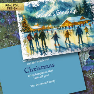 Tarjeta Festiva Con Relieve Metalizado Navidades Watercolor Resort Hielo Skyline