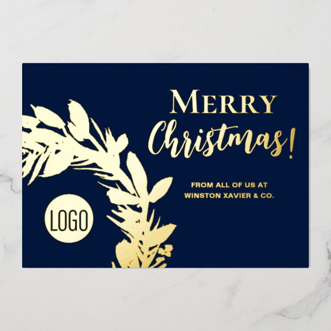 Tarjeta Festiva Con Relieve Metalizado Navy Blue Gold Wreath Feliz Navidad (Anverso)