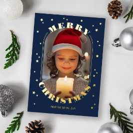 Tarjeta Festiva Con Relieve Metalizado Navy Gold Stars Oblong Foto Feliz Navidad