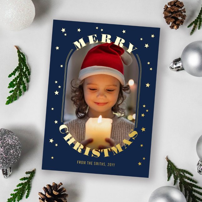 Tarjeta Festiva Con Relieve Metalizado Navy Gold Stars Oblong Foto Feliz Navidad (Subido por el creador)