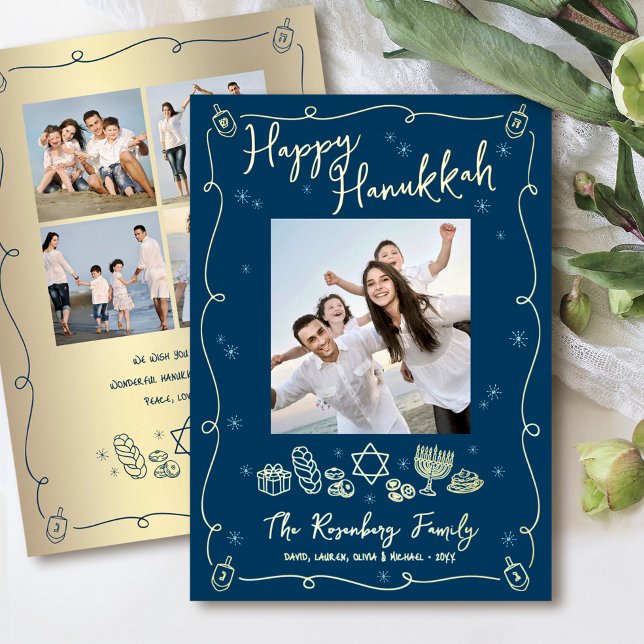 Tarjeta Festiva Con Relieve Metalizado Navy Hanukkah 5 Photo Hand Drawn Doodles Real Gold (Subido por el creador)