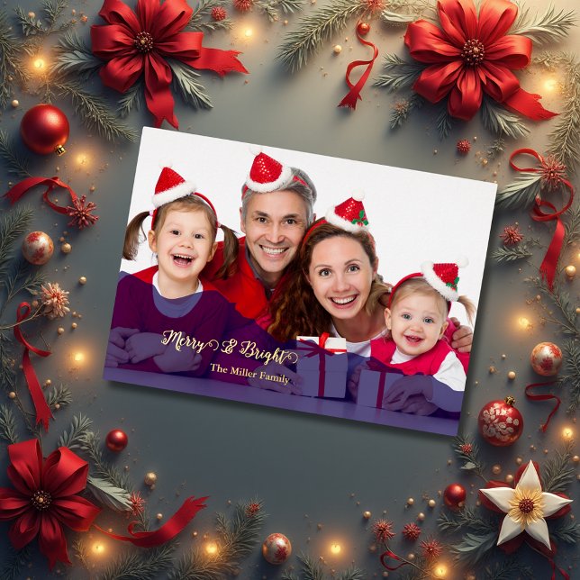 Tarjeta Festiva Con Relieve Metalizado navy Merry & Bright Christmas family Photo gold (Subido por el creador)
