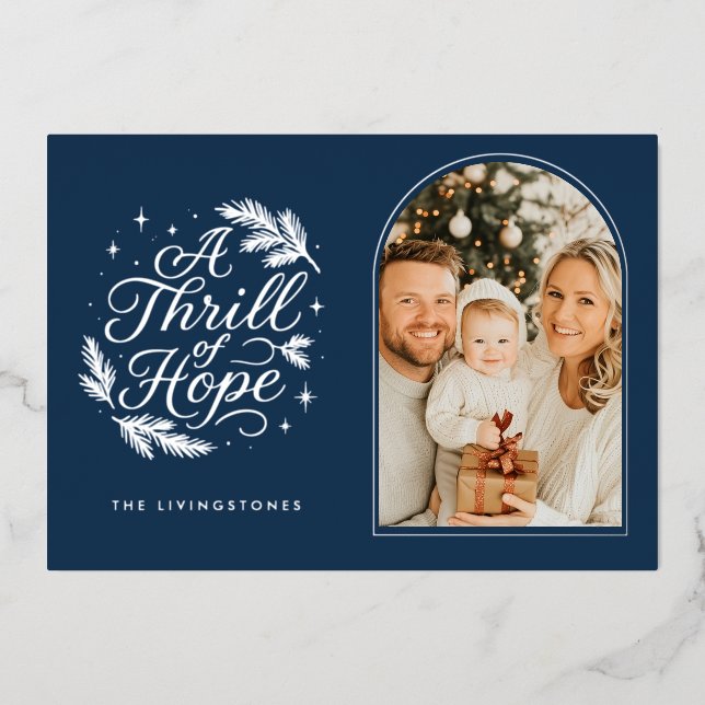 Tarjeta Festiva Con Relieve Metalizado Navy & Silver Thrill of Hope Arch Photo Religious (Anverso)