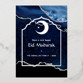 Tarjeta Festiva Con Relieve Metalizado Navy y ágata plateada Eid Mubarak
