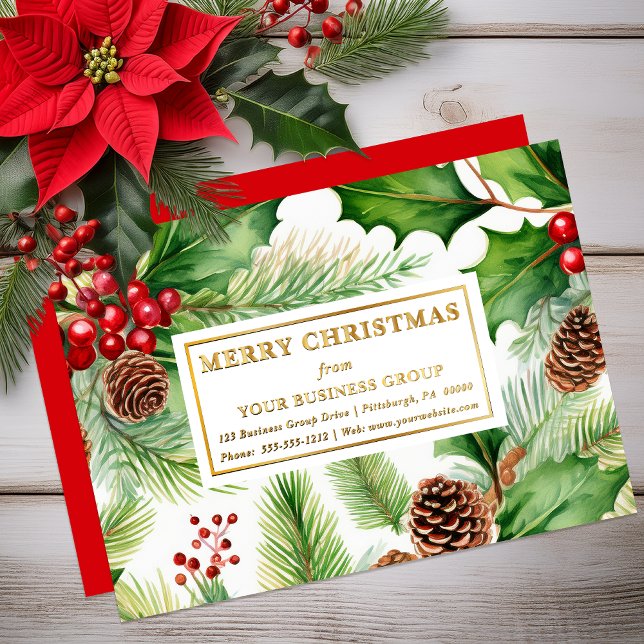 Tarjeta Festiva Con Relieve Metalizado Negocios de bayas de piñas Navideñas festivas (Pine Greenery, Pinecones and Berries Business Christmas Holiday Non-Photo Foil Cards)