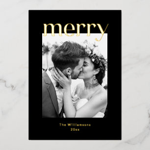 Tarjeta Festiva Con Relieve Metalizado Negrita Feliz Navidad Foto de Boda Negro Dorado